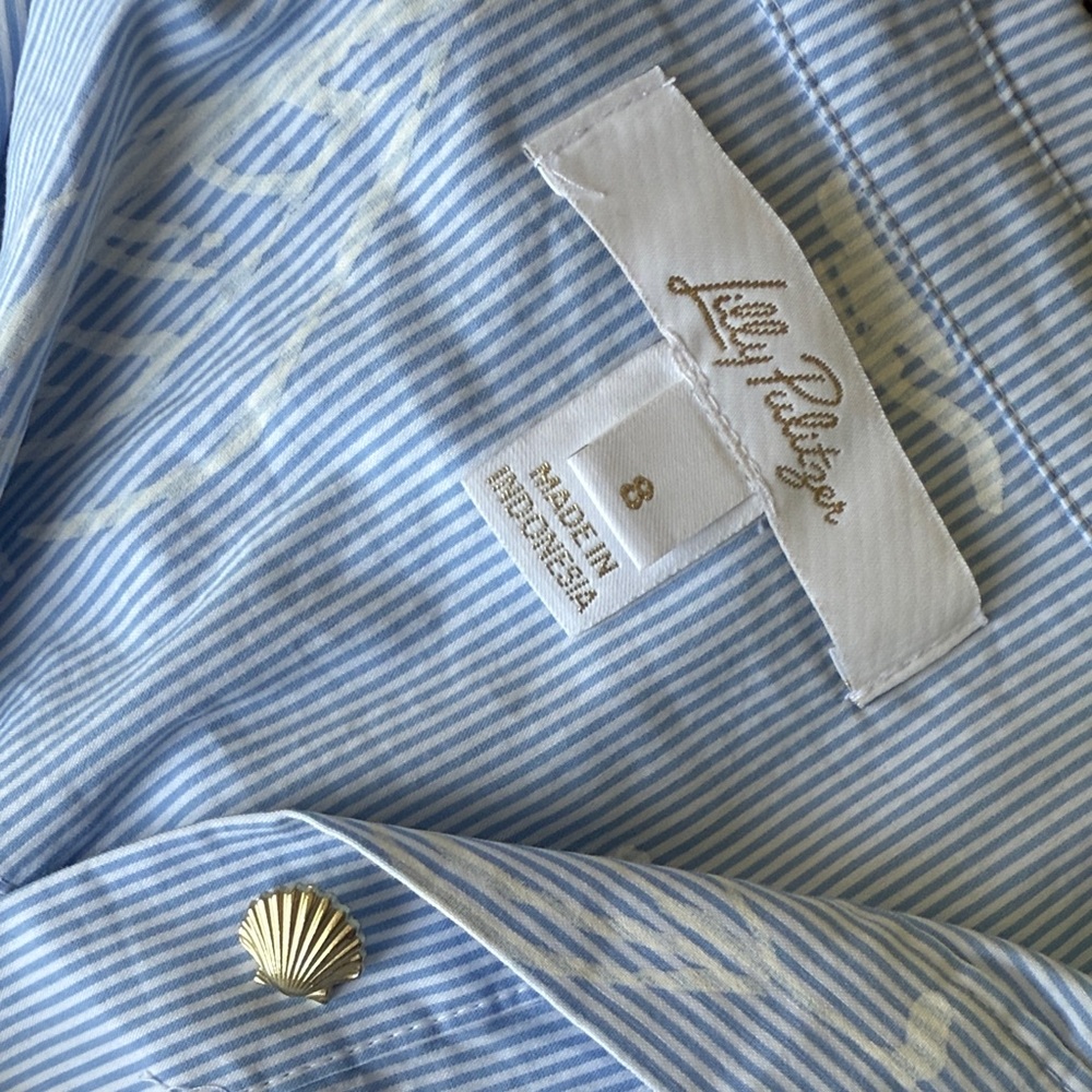 Lilly Pulitzer Striped Blue Blouse with Sailboat Print & Seashell Buttons